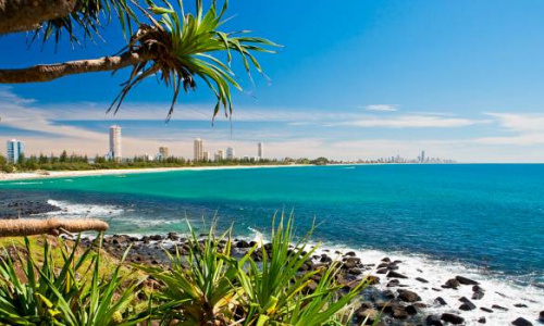 Burleigh Heads beach on a sunny day with skyline views